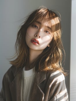 japanese fashion model girl with brown hair bangs, ai photo