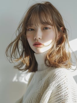 japanese fashion model girl with brown hair bangs, ai photo