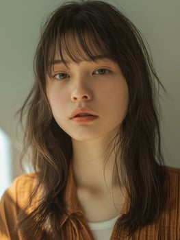 japanese fashion model girl with brown hair bangs, ai photo