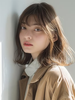 japanese fashion model girl with brown hair bangs, ai photo