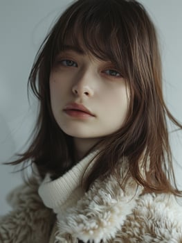 japanese fashion model girl with brown hair bangs, ai photo