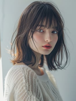 japanese fashion model girl with brown hair bangs, ai photo