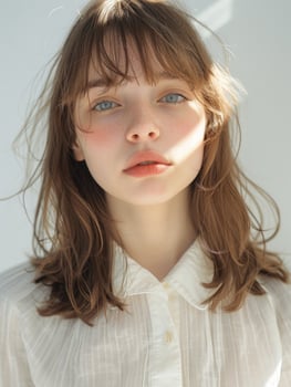 japanese fashion model girl with brown hair bangs, ai photo