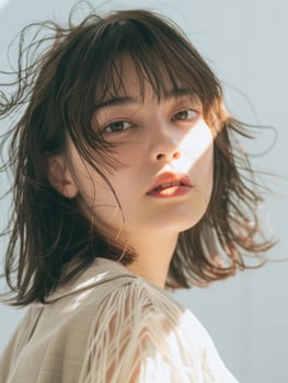 japanese fashion model girl with brown hair bangs, ai photo