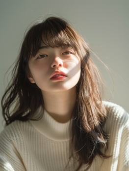 japanese fashion model girl with brown hair bangs, ai photo