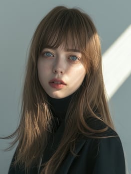 japanese fashion model girl with brown hair bangs, ai photo