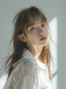 japanese fashion model girl with brown hair bangs, ai photo