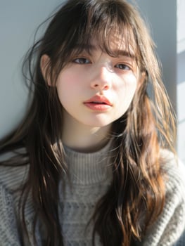 japanese fashion model girl with brown hair bangs, ai photo