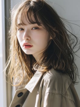 japanese fashion model girl with brown hair bangs, ai photo