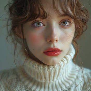 young cute asian girl wearing white turtleneck sweater, ai photo