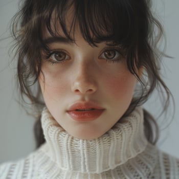 young cute asian girl wearing white turtleneck sweater, ai photo