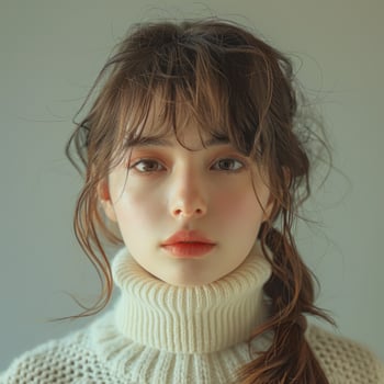 young cute asian girl wearing white turtleneck sweater, ai photo
