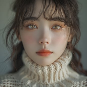 young cute asian girl wearing white turtleneck sweater, ai photo