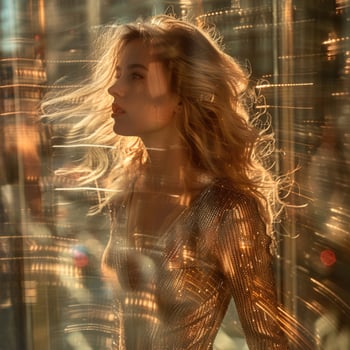 blonde fashion girl gold dress cardigan walking near window apartment, ai photo