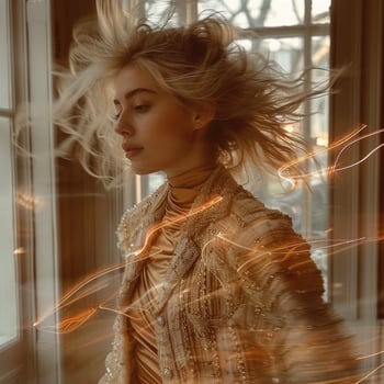 blonde fashion girl gold dress cardigan walking near window apartment, ai photo