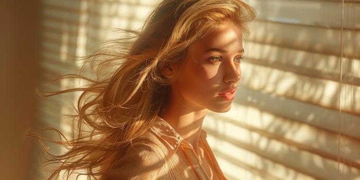 blonde fashion girl gold dress cardigan walking near window apartment, ai photo