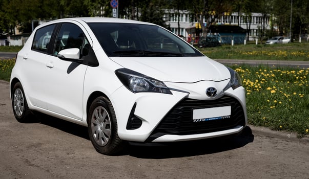 Minsk, Belarus, May 17, 2024 - Compact japanese white Toyota Yaris photo