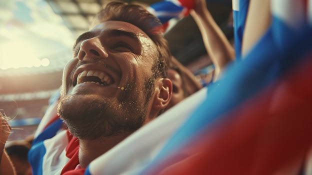 a soccer fan, their eyes shining with passion as they raise their scarf high in the air photo