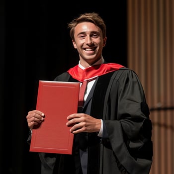 A man wearing graduation gown and holding diploma for ceremony celebration. photo