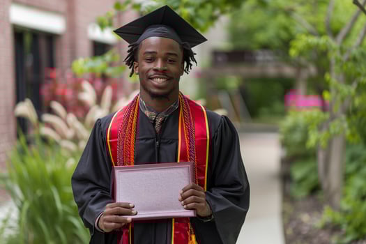 A man wearing graduation gown and holding diploma for ceremony celebration. photo