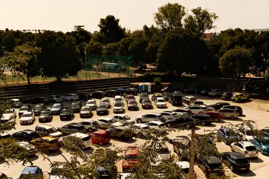 Aerial top view of new cars parking for sale stock lot row, dealer inventory import and export business commercial worldwide, Automobile and automotive industry distribution logistic global transport photo