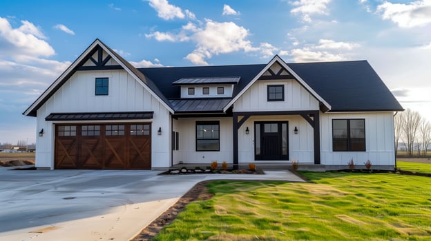 White house with black roof and brown garage photo