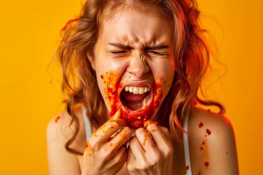 Woman with red hair with smeared face, hot sauce, screaming, eating pizza photo