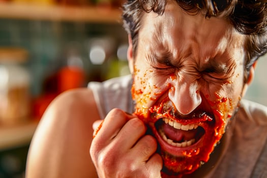 A man ate very hot sauce and writhes in pain photo