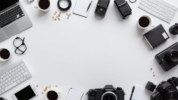 items on white table, background design random objects on table photo
