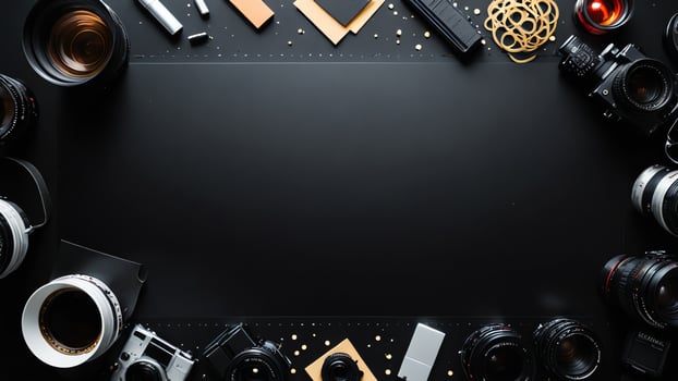 items on black table, background design of random objects on table photo