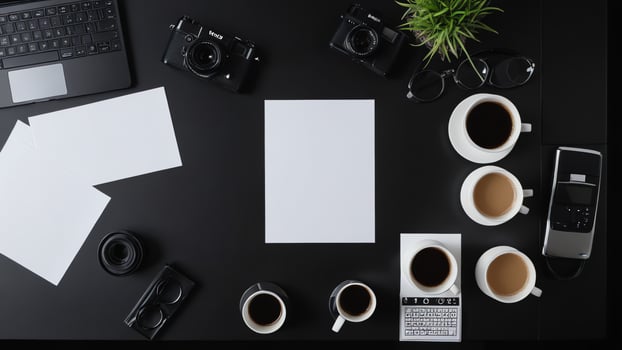 items on black table, background design of random objects on table photo