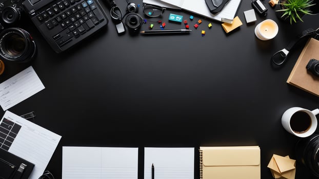 items on black table, background design of random objects on table photo