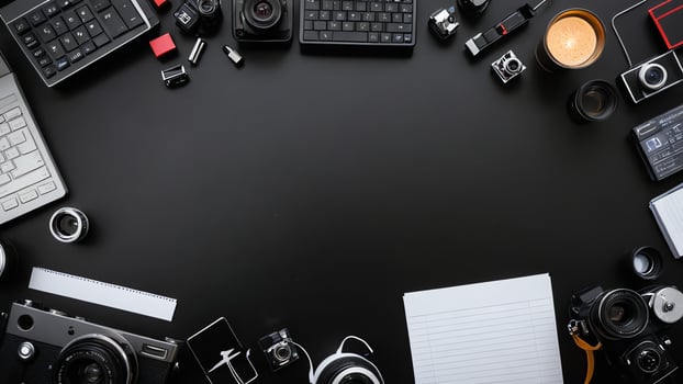 items on black table, background design of random objects on table photo
