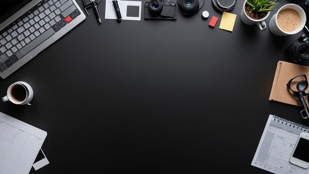 items on black table, background design of random objects on table photo
