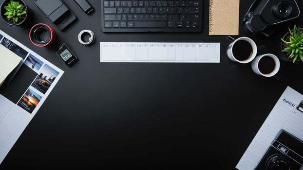 items on black table, background design of random objects on table photo