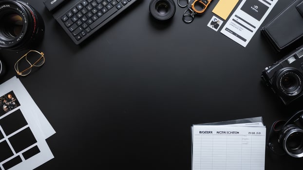 items on black table, background design of random objects on table photo