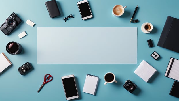 items on blue table, background design of random objects on table photo