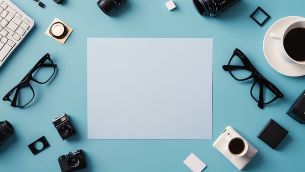 items on blue table, background design of random objects on table photo
