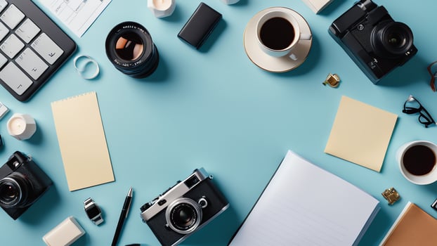 items on blue table, background design of random objects on table photo