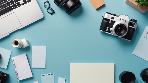 items on blue table, background design of random objects on table photo