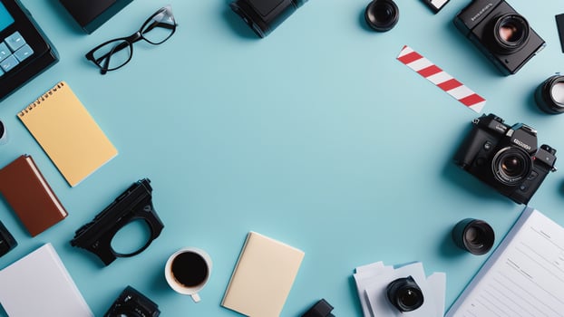 items on blue table, background design of random objects on table photo