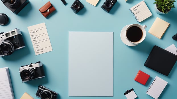 items on blue table, background design of random objects on table photo