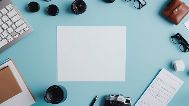 items on blue table, background design of random objects on table photo
