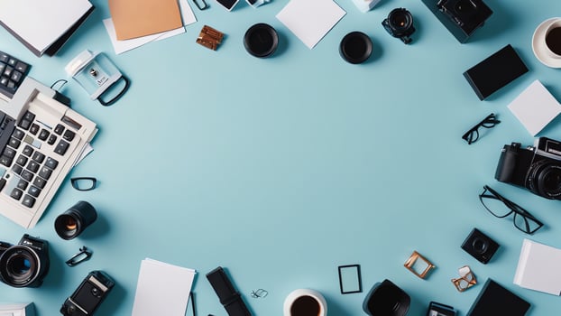 items on blue table, background design of random objects on table photo