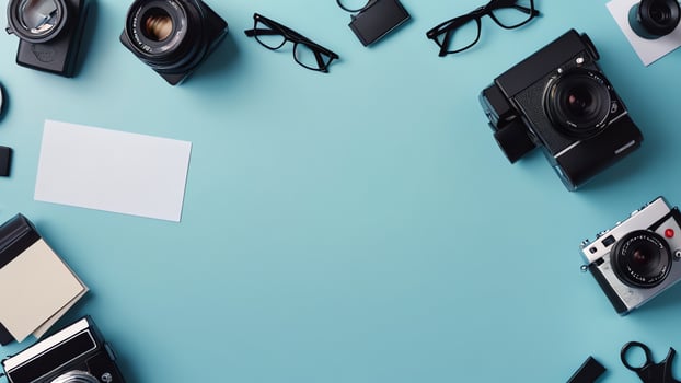 items on blue table, background design of random objects on table photo