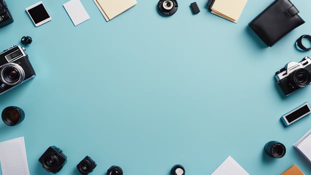 items on blue table, background design of random objects on table photo