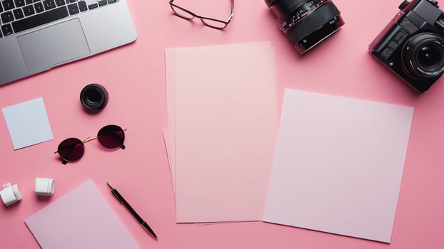 items on pink table, background design of random objects on table photo