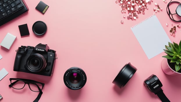items on pink table, background design of random objects on table photo