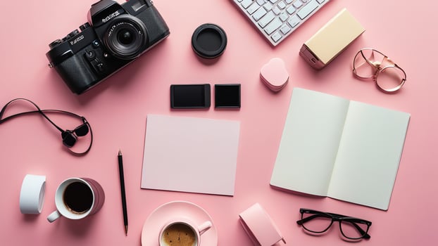 items on pink table, background design of random objects on table photo