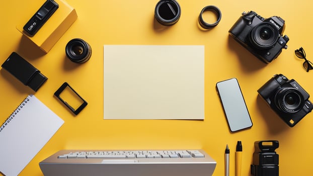 items on yellow table, background design of random objects on table photo
